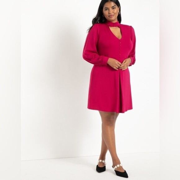 Eloquii Cutout Neckline Fit And Flare Dress Keyhole Mini Long Sleeve‎ Academia - Picture 1 of 9